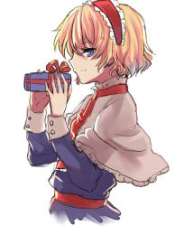 Rule 34 | 1girl, alice margatroid, blonde hair, blue eyes, box, capelet, closed mouth, cropped torso, female focus, gift, gift box, hairband, hands up, happy birthday, holding, kaoru (alicemakoto), lolita hairband, long sleeves, looking at viewer, nose, photoshop (medium), profile, ribbon, short hair, simple background, solo, source request, standing, touhou, upper body, white background, wrist cuffs