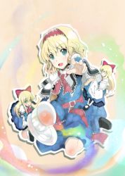 Rule 34 | 1girl, absurdres, alice margatroid, bad id, bad pixiv id, blonde hair, blue eyes, capelet, cup, doll, female focus, full body, hairband, highres, saucer, short hair, solo, sugar cube, teacup, touhou, wafoo