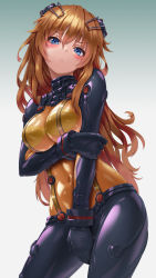 Rule 34 | 1girl, alternate color, blue eyes, blush, bodysuit, breasts, brown hair, closed mouth, commentary request, covered navel, evangelion: 2.0 you can (not) advance, gradient background, green background, grey background, hair between eyes, highres, kurione (zassou), large breasts, long hair, looking at viewer, neon genesis evangelion, plugsuit, rebuild of evangelion, see-through, see-through bodysuit, shiny clothes, solo, souryuu asuka langley, standing, test plugsuit, very long hair, wide hips