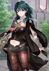 Rule 34 | 1girl, armlet, armor, blue eyes, blue hair, blush, breasts, brown pantyhose, byleth (female) (fire emblem), byleth (fire emblem), cape, castle, cleavage, detached collar, fire emblem, fire emblem: three houses, gauntlets, haru (nakajou-28), holding, holding cape, holding clothes, holding sword, holding weapon, knife, lace, lace-trimmed legwear, lace trim, long hair, looking at viewer, midriff, midriff peek, navel, nintendo, outdoors, pantyhose, pantyhose under shorts, sheath, short shorts, shorts, smile, solo, sword, thighhighs, tree, weapon