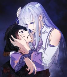 Rule 34 | 1boy, 1girl, bandaged head, bandages, bare shoulders, black shirt, blood, blood from mouth, blood on face, closed eyes, dark background, detached sleeves, emilia (re:zero), flower, fndlwm re, frilled sleeves, frills, hair flower, hair ornament, hand on another&#039;s cheek, hand on another&#039;s face, holding person, hug, imminent kiss, injury, long hair, long sleeves, looking at another, natsuki subaru, neck ribbon, one eye covered, pointy ears, purple background, purple eyes, purple hair, re:zero kara hajimeru isekai seikatsu, ribbon, shirt, short sleeves, sidelocks, silver hair, t-shirt, torn clothes, torn shirt, upper body