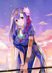 Rule 34 | 1girl, breasts, cloud, cloudy sky, earrings, emyo, fate/grand order, fate (series), flower, hair flower, hair ornament, indian clothes, jewelry, large breasts, long hair, looking at viewer, necklace, parvati (fate), purple eyes, purple hair, sky, smile, solo, twilight