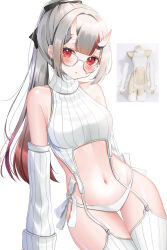 Rule 34 | 1girl, absurdres, blush, breasts, commentary request, detached sleeves, garter straps, glasses, gradient hair, grey hair, highres, hololive, horns, long hair, looking at viewer, meme attire, multicolored hair, nakiri ayame, navel, ohagetty, panties, photo-referenced, photo inset, ponytail, red eyes, red hair, reference inset, ribbed sleeves, ribbed thighhighs, side-tie panties, skin-covered horns, small breasts, solo, streaked hair, sweater, thighhighs, turtleneck, turtleneck sweater, underwear, virgin destroyer sweater, virtual youtuber, white panties