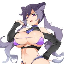 Rule 34 | 1girl, bare shoulders, bebebe (pepegakii), bikini, braid, breasts, clothing cutout, earrings, genshin impact, hair between eyes, hand on own hip, highleg, highleg bikini, highres, jewelry, keqing (genshin impact), large breasts, long hair, looking at viewer, navel, open mouth, purple bikini, purple eyes, purple hair, shiny skin, shoulder cutout, simple background, single braid, skindentation, solo, strapless, strapless bikini, swimsuit, symbol-shaped pupils, tassel, twintails, twisted torso, upper body, v-shaped eyebrows