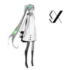 Rule 34 | 1girl, bare shoulders, boots, coat, commentary, english commentary, expressionless, full body, green eyes, green hair, greyscale, hatsune miku, highres, knee boots, long hair, looking at viewer, monochrome, solo, spot color, standing, twintails, very long hair, vocaloid, white background, yyb