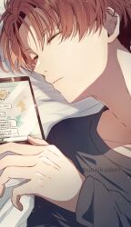 Rule 34 | 1boy, bed, black shirt, cellphone, closed eyes, idolmaster, idolmaster side-m, idolmaster side-m growing stars, kame (unaikodori), long sleeves, lying, male focus, mayumi eishin, parted lips, phone, red hair, shirt, short hair, sleeping, solo, text messaging, translation request, twitter username
