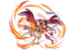 Rule 34 | :d, armor, bow, breasts, brown eyes, brown hair, cape, crossover, fingerless gloves, fire, floating cape, gloves, greaves, hair bow, hair ribbon, huge weapon, kamihime project, magic, medium breasts, medium hair, official art, open mouth, ribbon, shoulder armor, skirt, smile, solo, suzumiya haruhi, suzumiya haruhi no yuuutsu, sword, thighhighs, transparent background, waist cape, weapon