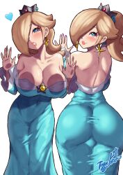 Rule 34 | 1girl, against glass, aqua dress, ass, blonde hair, blue eyes, blush, breast press, breasts, brooch, covered navel, crown, dress, earrings, hair over one eye, heart, heart-shaped pupils, highres, huge ass, jewelry, large breasts, mario (series), multiple views, nintendo, ponytail, rosalina, signature, solo, star (symbol), star brooch, star earrings, super mario galaxy, symbol-shaped pupils, toggy keiichi