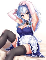 Rule 34 | 1girl, apron, armpits, arms up, bed, black ribbon, black thighhighs, blue dress, blue eyes, blush, bow, braid, breasts, cleavage, closed mouth, commentary request, detached collar, dress, elbow gloves, feet, frown, furrowed brow, gloves, green bow, hair between eyes, hair bow, izayoi sakuya, kaeranu kaeru, large breasts, looking at viewer, maid apron, maid headdress, neck ribbon, pink gloves, ribbon, short hair, silver hair, simple background, sitting, solo, thighhighs, touhou, twin braids, white background, zettai ryouiki
