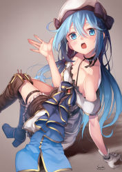Rule 34 | 1girl, arm support, bare shoulders, blue eyes, blue hair, blush, boots, bow, breasts, brown background, brown footwear, choker, cross-laced footwear, dress, frills, from side, hair between eyes, hand up, hat, hat bow, high heel boots, high heels, highres, knee boots, lace-up boots, lee (saraki), long hair, looking at viewer, medium breasts, off-shoulder dress, off shoulder, open mouth, original, petticoat, saraki, simple background, sitting, skirt, smile, solo, teeth, thigh boots, thigh strap, thighhighs, upper teeth only