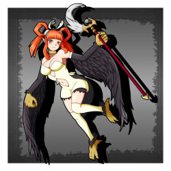 Rule 34 | 1girl, animal hands, bare shoulders, black wings, blush, breasts, claws, clothing cutout, commentary request, duel monster, feathered wings, feathers, hair rings, harpie channeler, harpy, highres, holding, holding staff, large breasts, long hair, may chan 0, monster girl, navel, navel cutout, orange eyes, orange hair, pointy ears, solo, staff, talons, thighhighs, twintails, white thighhighs, winged arms, wings, yu-gi-oh!