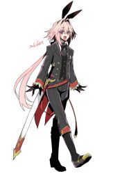 Rule 34 | 1boy, alternate costume, androgynous, animal ears, astolfo (fate), astolfo (saber) (fate), belt, belt buckle, black bow, black bowtie, black gloves, black socks, black suit, black vest, blush, boots, bow, bowtie, buckle, buttons, collar, commentary request, eyes visible through hair, fake animal ears, fang, fate/apocrypha, fate/grand order, fate (series), formal, full body, gloves, hair between eyes, hair intakes, haoro, highres, lapels, long hair, long sleeves, looking at viewer, low twintails, male focus, mary janes, multicolored hair, notched lapels, open mouth, pants, pink hair, purple eyes, rabbit ears, red belt, red ribbon, ribbon, scabbard, sheath, sheathed, shoes, signature, simple background, skin fang, socks, solo, standing, streaked hair, suit, sword, twintails, twitter username, vest, weapon, white background, white collar, wing collar