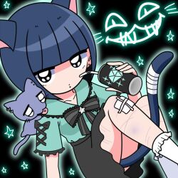 Rule 34 | 1girl, animal, animal ears, bandage on knee, bandaged tail, black bow, black skirt, blue hair, blunt bangs, bob cut, bow, can, cat, cat ears, cat tail, closed mouth, collarbone, dress, drink can, drinking straw, ear piercing, expressionless, ezaki bisuko, green dress, green outline, holding, holding can, lip piercing, looking at viewer, menhera-chan (ezaki bisuko), neon lights, outline, piercing, sabukaru-chan (ezaki bisuko), self-harm scar, short sleeves, sitting, skirt, socks, soda can, solo, star (symbol), tail, tongue piercing, white socks
