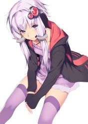 Rule 34 | 1girl, between legs, blush, breasts, criss-cross halter, hair ornament, halterneck, hand between legs, hood, hoodie, long hair, looking at viewer, low twintails, open clothes, open hoodie, open mouth, own hands together, purple thighhighs, ryuji (ikeriu), simple background, sitting, sleeves past wrists, small breasts, solo, thighhighs, twintails, unfinished, vocaloid, voiceroid, white background, yuzuki yukari, zettai ryouiki