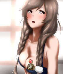 Rule 34 | 1girl, blue bra, blush, bra, braid, breasts, cleavage, hair between eyes, highres, kantai collection, large breasts, light brown hair, long hair, looking at viewer, minegumo (kancolle), mvp, open mouth, solo, sunlight, tama (tamago), twin braids, underwear, window