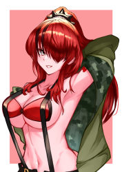 Rule 34 | 1girl, absurdres, arm up, armpits, bare shoulders, black hair, breasts, commentary request, green jacket, grey eyes, grin, hair over one eye, highres, jacket, kurosaki saya, lain paterson, lain paterson (1st costume), large breasts, long hair, looking at viewer, multicolored hair, navel, nijisanji, off shoulder, open clothes, open jacket, pasties, red hair, smile, solo, stomach, streaked hair, suspenders, upper body, virtual youtuber