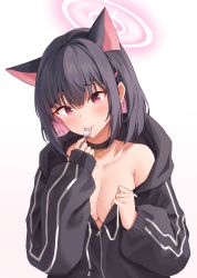 Rule 34 | 1girl, absurdres, animal ears, bad id, bad pixiv id, black choker, black hair, black jacket, blue archive, blush, breasts, cat ears, choker, cleavage, colored inner hair, drawstring, extra ears, gradient background, hair ornament, hairclip, halo, highres, hinen, jacket, kazusa (blue archive), looking at viewer, medium breasts, multicolored hair, partially unzipped, pendant choker, pink hair, raised eyebrows, red eyes, short hair, solo, streaked hair, upper body, utensil in mouth