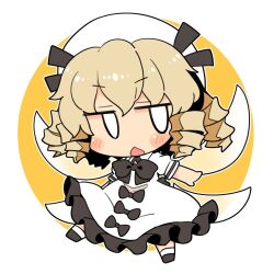 Rule 34 | 1girl, black footwear, blonde hair, blush, dress, drill hair, fairy, fairy wings, frilled dress, frills, full body, hair between eyes, hat, ini (inunabe00), luna child, open mouth, shoes, short hair, short sleeves, socks, solo, touhou, white dress, white hat, white socks, wings