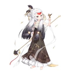 Rule 34 | bird, brooke (illusion connect), grey hair, hair ornament, highres, illusion connect, sleeveless, staff (weapon), white background, white hair