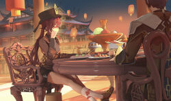 Rule 34 | 1boy, 1girl, absurdres, architecture, black headwear, breasts, brown hair, chair, chewing, chinese clothes, chinese commentary, chopsticks, east asian architecture, flower-shaped pupils, food, formal, genshin impact, hair between eyes, hand on own chest, hat, highres, holding, holding chopsticks, hotpot, hu tao (genshin impact), jacket, lantern, long hair, long sleeves, looking at another, multicolored hair, night, ponytail, porkpie hat, red eyes, red shirt, shirt, short shorts, shorts, sitting, sky, small breasts, suit, sydneywang, symbol-shaped pupils, table, twintails, zhongli (genshin impact)