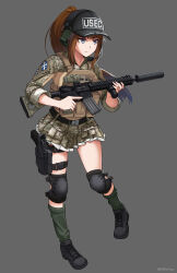 Rule 34 | 1girl, absurdres, baseball cap, black footwear, black hat, brown hair, camouflage, camouflage shirt, camouflage skirt, closed mouth, clothes writing, commentary, commission, ear protection, english commentary, full body, green socks, grey background, grey eyes, gun, hat, headset, highres, holding, holding gun, holding weapon, knee pads, long hair, long sleeves, ndtwofives, original, pleated skirt, ponytail, scope, shirt, shoes, simple background, skirt, socks, solo, standing, standing on one leg, suppressor, trigger discipline, twitter username, very long hair, weapon, weapon request