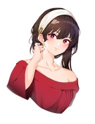 Rule 34 | 1girl, absurdres, bare shoulders, black hair, blush, breasts, closed mouth, collarbone, cropped torso, hair behind ear, hair between eyes, hairband, highres, jewelry, light smile, long hair, looking at viewer, medium breasts, off shoulder, onion (onion and pi-natto), red eyes, simple background, solo, spy x family, upper body, white background, yor briar