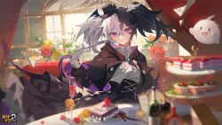 Rule 34 | 1girl, benghuai xueyuan, black hair, cake, copyright name, day, floating, flower, food, fran (benghuai xueyuan), ghost, gloves, hat, head wings, highres, holding, holding knife, honkai (series), indoors, knife, mini hat, multicolored hair, official art, purple eyes, second-party source, two-tone hair, white hair, window, wings