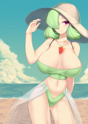 Rule 34 | 1girl, :&gt;, absurdres, arm behind back, bare shoulders, beach, bikini, bikini skirt, blue background, blue sky, blush, bob cut, breasts, cameltoe, closed mouth, cloud, collarbone, cowboy shot, creatures (company), day, female focus, game freak, gardevoir, gem, gen 3 pokemon, green bikini, green hair, haembokeyo, hair over one eye, half-closed eyes, hand up, happy, hat, highres, horizon, huge breasts, humanization, jewelry, light blush, looking at viewer, navel, necklace, nintendo, ocean, one eye covered, outdoors, pokemon, purple eyes, red gemstone, sand, see-through, short hair, shy, skindentation, sky, smile, solo, spaghetti strap, standing, stomach, sun hat, swimsuit, water, white hat