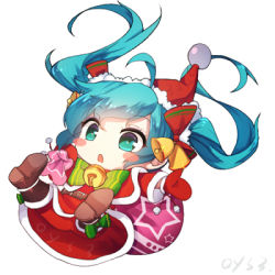Rule 34 | 1girl, aqua hair, bell, belt, blush stickers, boots, chibi, christmas, falling, hat, hatsune miku, jingle bell, long hair, lowres, mittens, open mouth, qys3, red mittens, santa costume, santa hat, simple background, solo, twintails, very long hair, vocaloid, white background