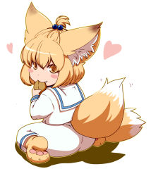 Rule 34 | 1girl, aged down, alternate costume, animal ears, ass, blonde hair, blush stickers, child, dearmybrothers, eating, fang, female focus, fox ears, fox tail, hair bobbles, hair ornament, heart, highres, multiple tails, outline, school uniform, serafuku, simple background, smile, solo, tail, touhou, white background, yakumo ran, yellow eyes