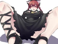 Rule 34 | 1girl, animal ears, ankle lace-up, blush, braid, cat ears, cross-laced footwear, dress, kaenbyou rin, mary janes, md5 mismatch, nicutoka, red eyes, red hair, resized, shoes, smile, solo, spread legs, touhou, twin braids