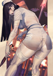 Rule 34 | 1girl, absurdres, ass, black eyes, black hair, blush, breasts, commentary request, from behind, halloween, hat, highres, holding, holding scissors, kagematsuri, large breasts, leaning forward, long hair, looking at viewer, looking back, nurse, nurse cap, open mouth, original, panties, red eyes, scissors, short sleeves, solo, thighs, twitter username, underwear, white hat, white panties