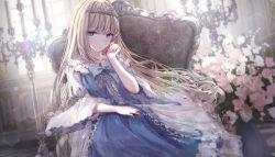 Rule 34 | 1girl, armchair, blonde hair, blue bow, blue dress, blue eyes, blurry, blurry background, bow, candle, candlestand, chair, commentary request, depth of field, dress, flower, highres, indoors, long hair, long sleeves, looking at viewer, missile228, on chair, original, parted lips, pink flower, pink rose, princess, puffy long sleeves, puffy sleeves, rose, solo, tiara, very long hair, white flower, white rose, wide sleeves, window