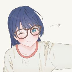 1girl ;) blue_eyes blue_hair blush brown-framed_eyewear collarbone commentary dark_blue_hair highres link!_like!_love_live! long_hair looking_at_viewer love_live! mole mole_on_neck murano_sayaka nonaka_kokona one_eye_closed ranshou shirt simple_background smile solo star_(symbol) t-shirt upper_body virtual_youtuber voice_actor_connection white_background white_shirt