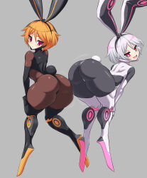 Rule 34 | 2girls, absurdres, bent over, bodysuit, closed mouth, disgaea, disgaea rpg, dual persona, grey background, grey hair, highres, jadf, looking back, looking down, multiple girls, open mouth, orange hair, pantyhose, pink eyes, rabbit ears, rabbit tail, short hair, simple background, smile, standing, thick thighs, thighs, usalia (disgaea)
