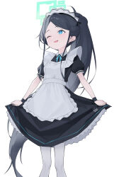 Rule 34 | 1girl, absurdres, apron, aris (blue archive), aris (maid) (blue archive), black dress, black hair, black wristband, blue archive, blue eyes, dress, feet out of frame, green halo, halo, highres, long hair, looking to the side, maid, maid apron, maid headdress, official alternate costume, okappa (bobbed001), one eye closed, open mouth, pantyhose, ponytail, puffy short sleeves, puffy sleeves, short sleeves, sidelocks, simple background, skirt hold, solo, standing, very long hair, white apron, white background, white pantyhose
