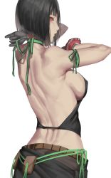 Rule 34 | 1girl, absurdres, back, bare shoulders, black hair, black shirt, breasts, commentary, from behind, gloves, god eater, green ribbon, halterneck, highres, kumiko shiba, large breasts, looking at viewer, looking back, midriff, pouch, red eyes, ribbon, shirt, short hair, sideboob, string, tachibana sakuya (god eater), tying