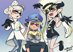 Rule 34 | 2021, 3girls, :o, agent 3 (splatoon), arm up, artist name, bare shoulders, black dress, black footwear, black gloves, black hair, black pants, black undershirt, blonde hair, blue headwear, breasts, callie (splatoon), choker, coat, colo (nagrolaz), commentary, crossed arms, dress, earrings, english commentary, fang, fangs, feet out of frame, frown, gloves, gold trim, grey legwear, grey shirt, hair ornament, hair up, hand on own hip, hand up, hat, inkling, jewelry, looking at viewer, marie (splatoon), military hat, mole, mole under eye, multicolored hair, multicolored shirt, multiple girls, nintendo, one eye closed, open mouth, orange eyes, pants, pantyhose, pointy ears, sash, shirt, short eyebrows, short hair, short hair with long locks, sidelocks, simple background, sitting, small breasts, smile, splatoon (series), splatoon 3, spread legs, standing, strapless, swept bangs, symbol-shaped pupils, tentacle hair, thick eyebrows, torn clothes, torn pants, two-tone hair, white choker, white coat, white hair, white legwear, white sash, yellow eyes, yellow shirt