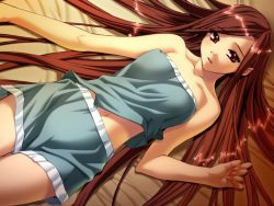Rule 34 | 1girl, bare shoulders, bed, bed sheet, blush, breasts, brown hair, dutch angle, game cg, ino (magloid), izayoi no hanayome, kiryuu iyori, long hair, looking at viewer, lying, navel, on back, open mouth, pajamas, pointy ears, red eyes, solo, very long hair