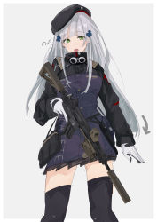 Rule 34 | 1girl, assault rifle, beret, black thighhighs, girls&#039; frontline, gloves, green eyes, grey background, gun, h&amp;k hk416, hat, highres, hk416 (girls&#039; frontline), long hair, looking at viewer, military, military hat, military operator, military uniform, open mouth, rifle, shirt, silver hair, solo, sutekina awa, thighhighs, uniform, weapon, white gloves
