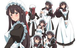 Rule 34 | 1girl, akagi (kancolle), alternate costume, ao iro, apron, black dress, black hair, brown eyes, cowboy shot, dress, enmaided, frilled apron, frills, full body, hat, highres, kantai collection, long dress, long hair, looking to the side, maid, mob cap, multiple views, simple background, smile, teapot, upper body, white apron, white background, white headwear