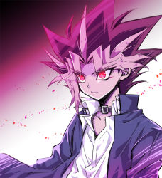 Rule 34 | 1boy, black hair, blonde hair, blue jacket, closed mouth, collar, collarbone, collared shirt, dress shirt, dyed bangs, gradient background, hair intakes, jacket, limited palette, male focus, multicolored hair, muto yugi, open clothes, open jacket, red eyes, red hair, seren (seresere), shirt, solo, spiked hair, upper body, white shirt, wing collar, yami yugi, yu-gi-oh!, yu-gi-oh! duel monsters