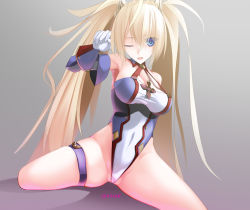 Rule 34 | 1girl, blonde hair, blue eyes, bradamante (fate), bradamante (first ascension) (fate), breasts, commentary request, dutch angle, elbow gloves, esuai, fate/grand order, fate (series), frontal wedgie, gloves, gradient background, grey background, highleg, highleg leotard, highres, leotard, long hair, looking at viewer, looking to the side, medium breasts, multicolored leotard, sitting, solo, split, spread legs, thigh strap, twintails, very long hair, wariza, wedgie
