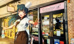 Rule 34 | 1girl, :d, bakery, blue hair, blunt bangs, blush, breasts, brown neckerchief, chef, chef hat, corsetman, dark blue hair, door, english text, gingerbread, gingerbread man, hair bun, hat, heart, highres, long hair, looking at viewer, love live!, love live! sunshine!!, neckerchief, open mouth, outstretched arms, red eyes, red neckerchief, red scarf, scarf, shop, short sleeves, side bun, sign, single side bun, small breasts, smile, snowman, solo, spread arms, storefront, teeth, top hat, tsushima yoshiko, umbrella, upper body, upper teeth only, window