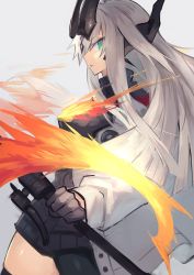 Rule 34 | 1girl, aqua eyes, arknights, black gloves, black shirt, cowboy shot, dragon girl, dragon horns, dragon tail, flame-tipped tail, from side, gloves, highres, holding, holding staff, horns, jacket, long hair, one-hour drawing challenge, open clothes, open jacket, reed (arknights), sasa onigiri, shirt, simple background, solo, staff, tail, flame-tipped tail, white background, white hair, white jacket