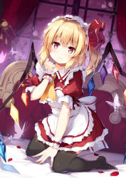 Rule 34 | 1girl, alternate costume, apron, ascot, bed, black thighhighs, blonde hair, bug, butterfly, commentary request, crystal, curtains, dress, enmaided, flandre scarlet, hair ribbon, hand up, indoors, insect, kneeling, looking at viewer, maid, maid apron, miyase mahiro, no shoes, one side up, petals, petticoat, puffy short sleeves, puffy sleeves, red dress, red eyes, red ribbon, ribbon, rose petals, short dress, short hair, short sleeves, smile, solo, thighhighs, thighs, touhou, white apron, window, wings, yellow ascot