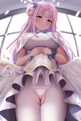 Rule 34 | 1girl, blue archive, blush, breasts, closed mouth, commentary request, from below, gluteal fold, hair bun, hair ornament, halo, highres, large breasts, long hair, looking at viewer, looking down, low wings, melopun, mika (blue archive), navel, panties, panties under pantyhose, pantyhose, pink hair, scrunchie, sidelocks, single hair bun, solo, thigh gap, thighs, underwear, white panties, white pantyhose, wing ornament, wings, wrist scrunchie, yellow eyes