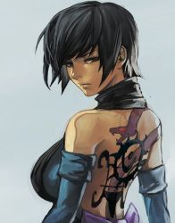 Rule 34 | 1girl, back tattoo, backless outfit, black hair, breasts, elbow gloves, from behind, gloves, half-closed eyes, heterochromia, hungry clicker, large breasts, lips, looking back, samurai spirits, shiki (samurai spirits), short hair, snk, solo, tattoo