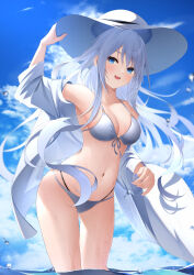 Rule 34 | 1girl, :d, absurdres, arm up, bare legs, bikini, blue eyes, blue sky, breasts, cleavage, cloud, collarbone, day, ekidona, floating hair, front-tie bikini top, front-tie top, grey bikini, hair between eyes, hat, highres, jacket, long hair, medium breasts, multi-strapped bikini, navel, open clothes, open jacket, open mouth, original, outdoors, sideboob, sky, smile, solo, standing, summer, sun hat, swimsuit, very long hair, wading, white hair, white hat, white jacket