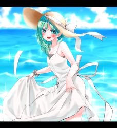 Rule 34 | 1girl, asymmetrical hair, bad id, bad pixiv id, bare shoulders, blush, clothes lift, collarbone, day, dress, dress lift, green eyes, green hair, hair ribbon, hat, highres, letterboxed, mappe (778exceed), ocean, open mouth, ribbon, shiki eiki, sleeveless, sleeveless dress, smile, solo, sun hat, sundress, touhou, white dress